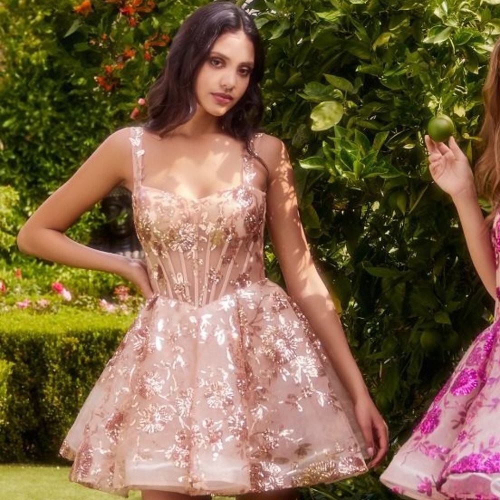 N/A NEW SHORT FORMAL SLEEVELESS BABY DOLL GOWN W/ SEQUINS FLORAL A1347